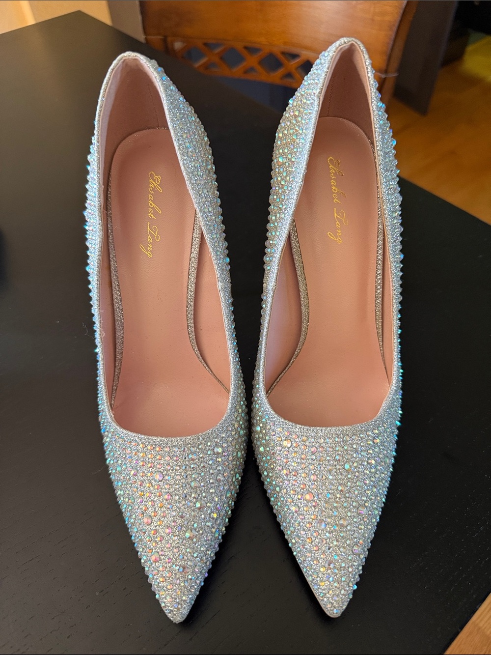 Embroidered Iridescent Crystal Pointed-Toe Pumps in Silver